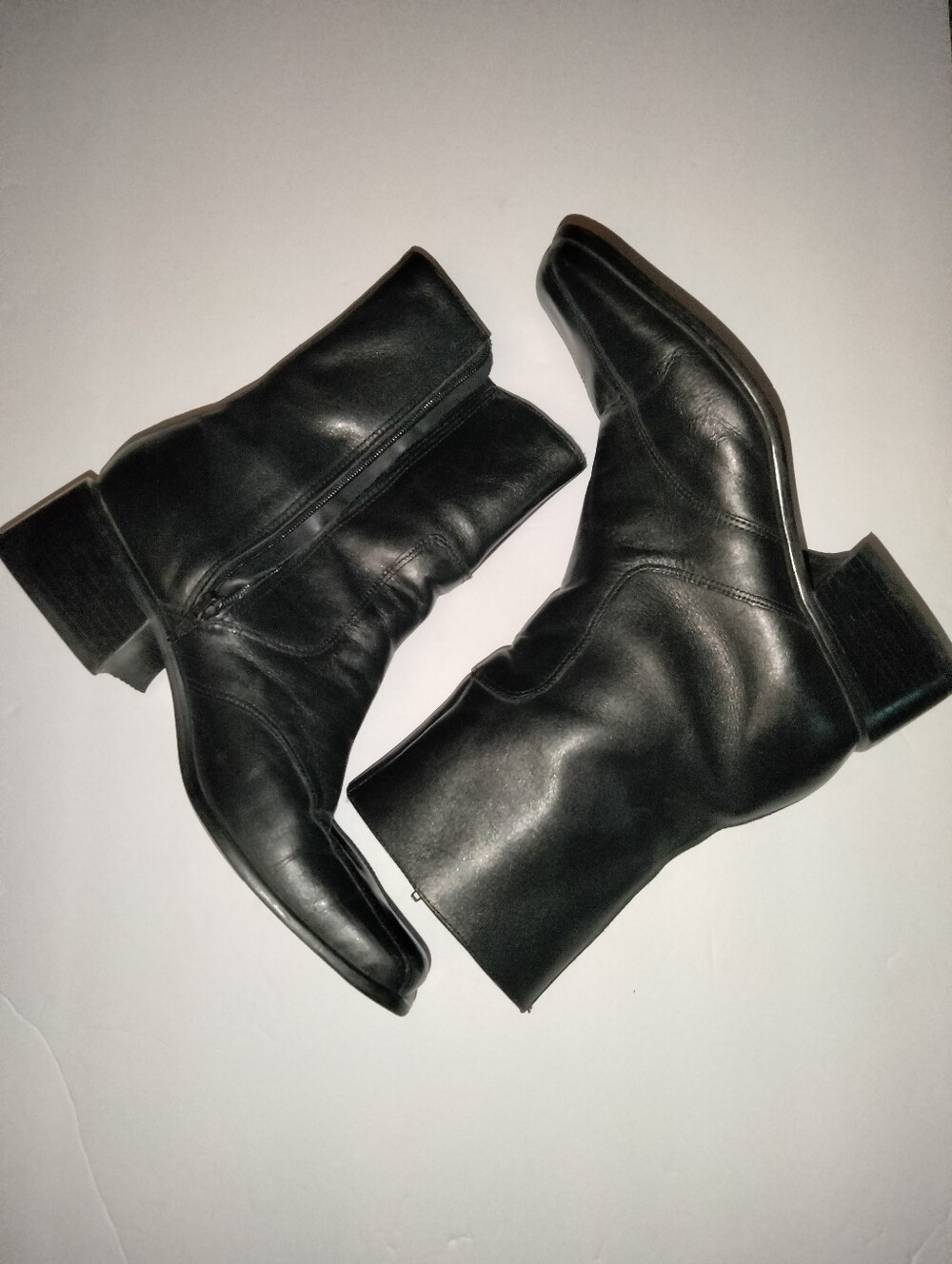 Bruno Valenti (Size 9) Classic Black Leather Upper Mid-Calf Block Heeled Boots